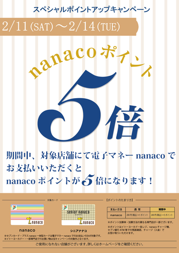 2/11（土）～2/14(火)  nanacoポイント5倍キャンペーン