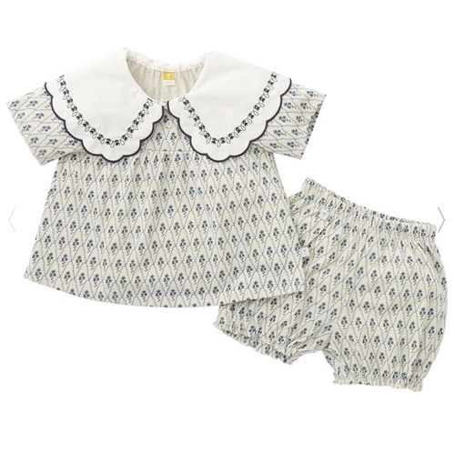 吸汗速乾　　ビッグカラーフラワープリント半袖トップス＆パンツ