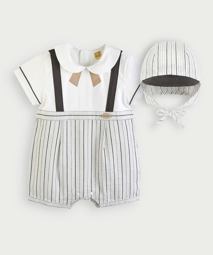 【2点セット】モダンストライプ半袖ショートカバーオール＆帽子