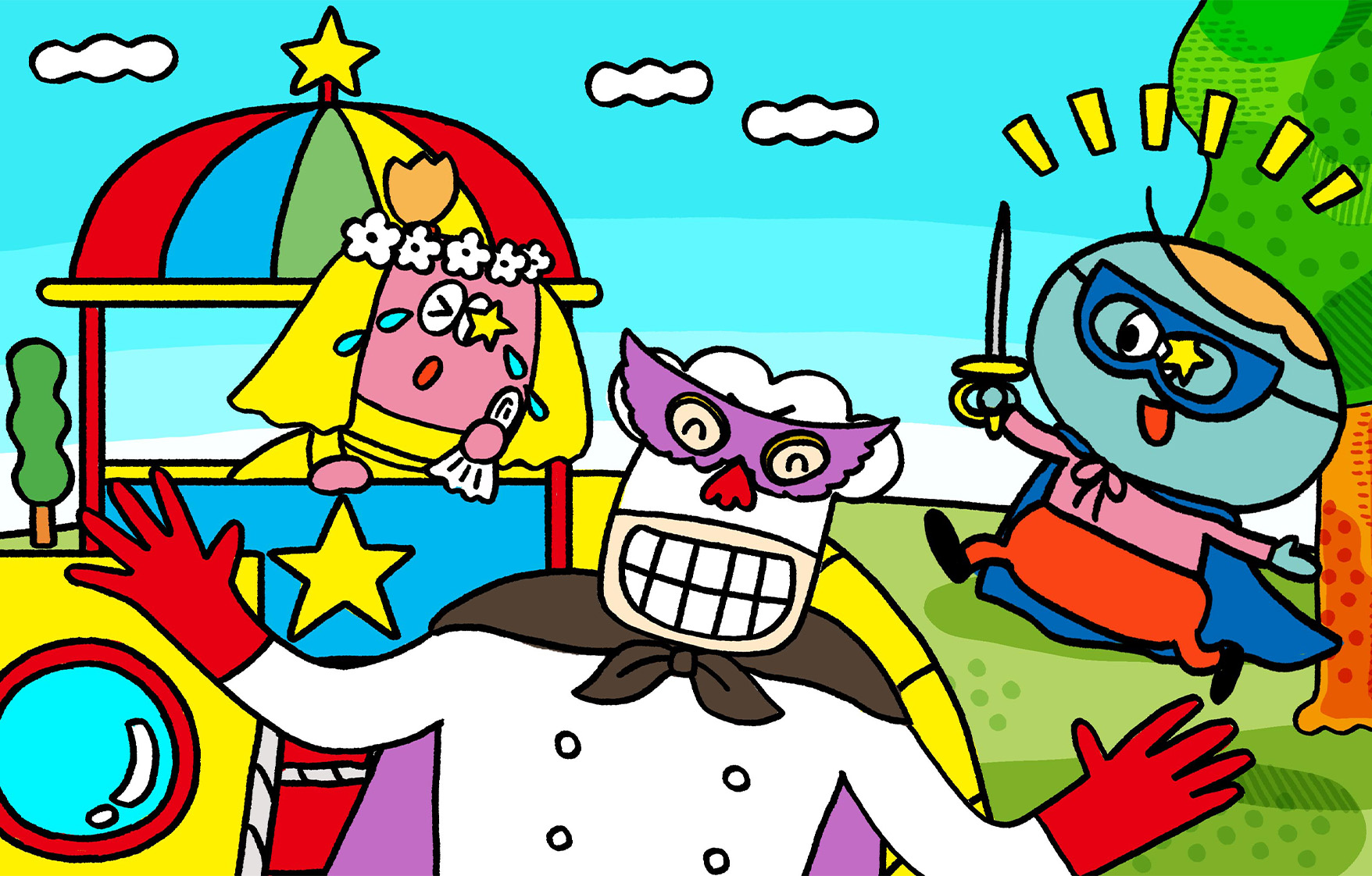 プリンセスとヒーローごっこをして遊んでいるシータンとソータン。コック-も仲間に入っている。