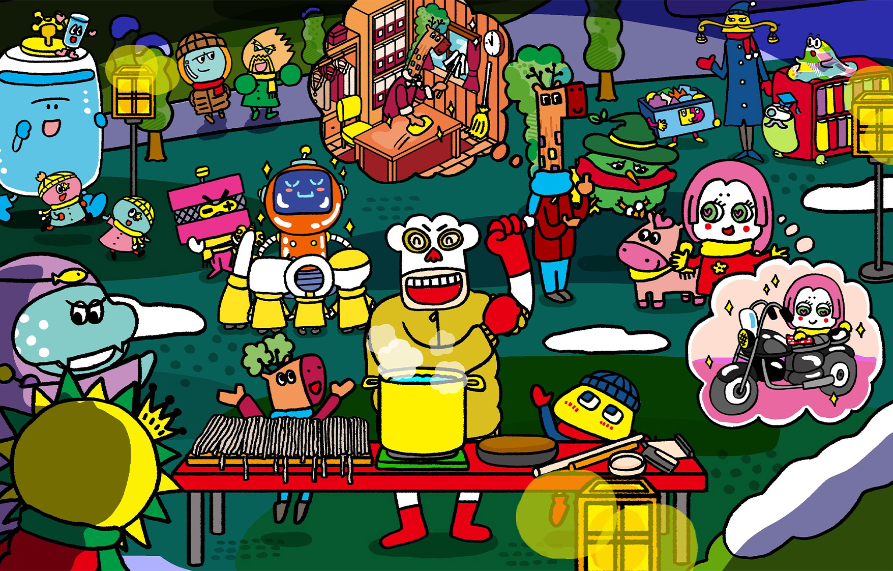 大みそか、広場になかまたちがあつまっている。年越しそばを作ろうしているコック-。